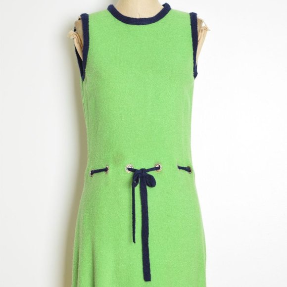 vintage 60s dress green navy mod boucle knit cutout twiggy sleeveless midi M - Picture 3 of 9
